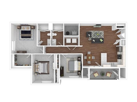 A floor plan of a house with a kitchen, living room, and two bedrooms.